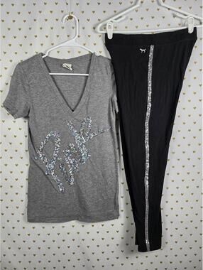 Victorias Secret PINK BLING SET 2pc Leggings & Sequined Tee Shirt SM MED